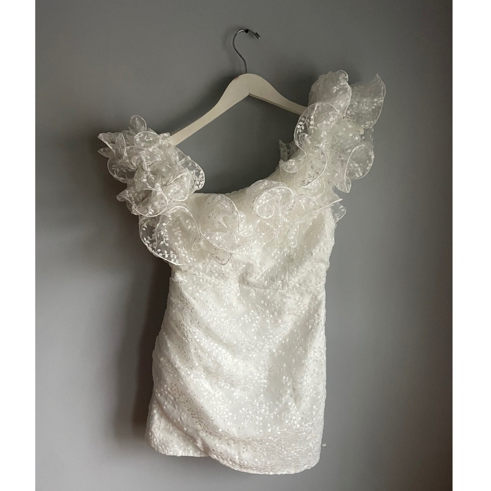 Lulus White Ruffle One Shoulder Floral Embroidered Mini Dress Small Bridal Wed